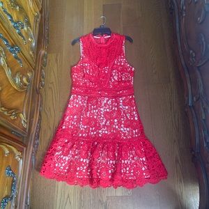 Red sleeveless floral dress